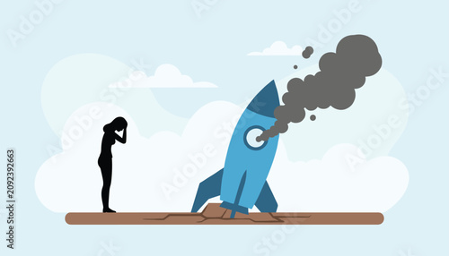 Distressed woman silhouette expressing failure and sadness next to a crashed rocket emitting thick dark smoke on light blue background.