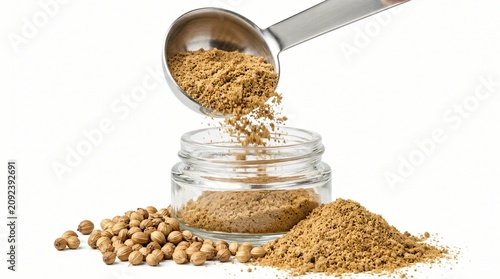 Close-up of a metal spoon pouring ground coriander powder into a clear glass jar with scattered whole coriander seeds on a pristine white background
