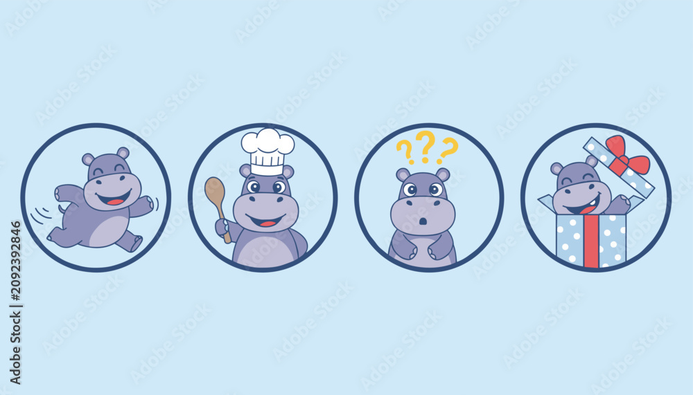 Fototapeta premium Adorable set of four round icons featuring a cute cartoon hippopotamus character in various fun poses and active situations.