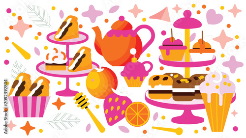 Colorful Afternoon Tea Party Vector Collection Featuring Teapot, Cupcakes, Layer Cakes, Eclairs, Honey, Citrus, and Sweet Dessert Table Illustrations