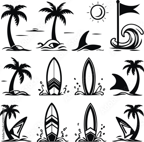 Photography Minimal surfing icons collection, surfboards, wave splash, tropical sun, palm trees, shark fin, beach flag, editable thin black stroke vector, white background