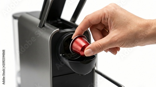 Close-up of a hand inserting a red coffee capsule into a modern espresso machine against a clean white background