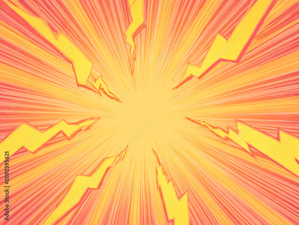Fototapeta premium Dynamic pop art illustration featuring a symmetrical burst of orange and pink rays with halftone dots. A bright, high-impact flat design perfect for creative backdrops.