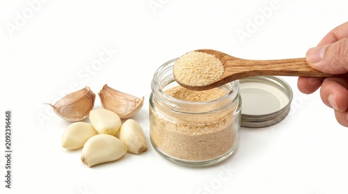 Close-up of a hand using a wooden spoon to scoop granulated garlic powder from a clear glass jar, with fresh garlic cloves and the jars lid on a clean white background