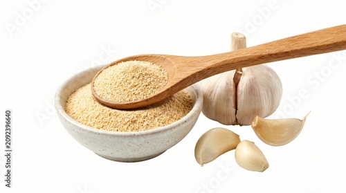 Premium ground garlic powder in ceramic bowl with wooden spoon and fresh garlic cloves on white background