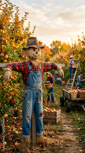 Halloween apple orchard scarecrow harvest and autumnal fall scene