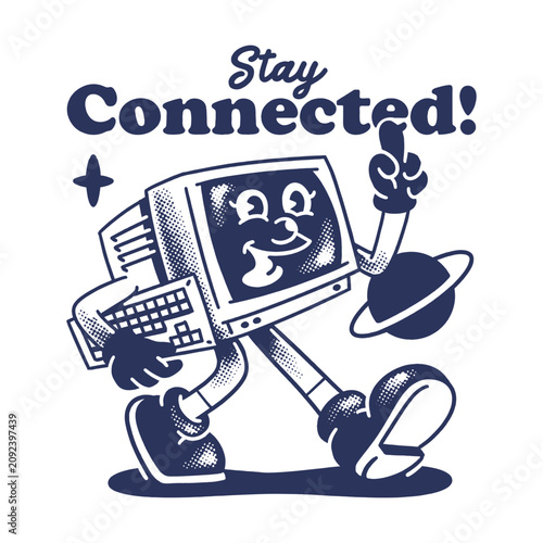 Art & IllustrationComputer stay connected retro character groovy style