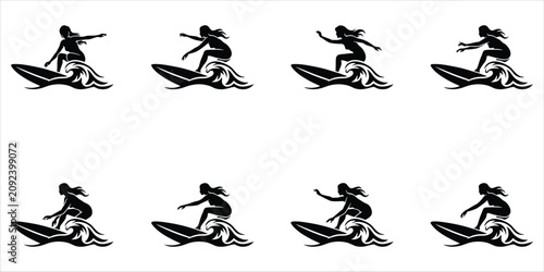 Photography Eight sequential silhouettes of a woman surfing on a wave Keywords: surfing, sur