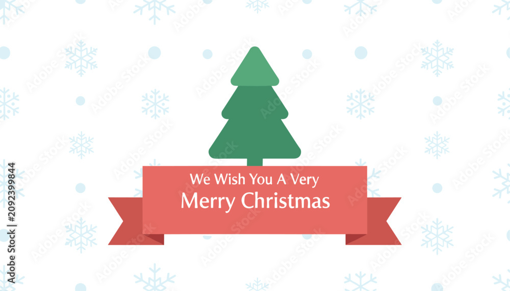 Naklejka premium We wish you a very merry christmas beautiful greeting card showing a simple green pine tree and a red ribbon banner.