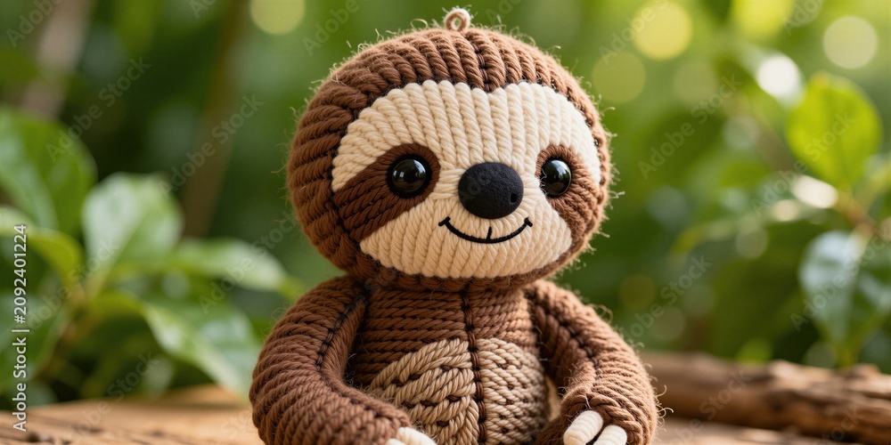 Fototapeta premium Crocheted sloth toy sits on wooden surface against blurred green foliage. This cute stuffed animal is perfect for kids room decor or as a comforting companion.