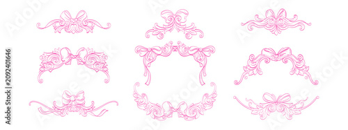 Elegant baroque frame with decorative ribbon, pink bow. Vintage ornamental border for wedding invitation, victorian style monogram design set with coquette aesthetic detail. Round cute collection