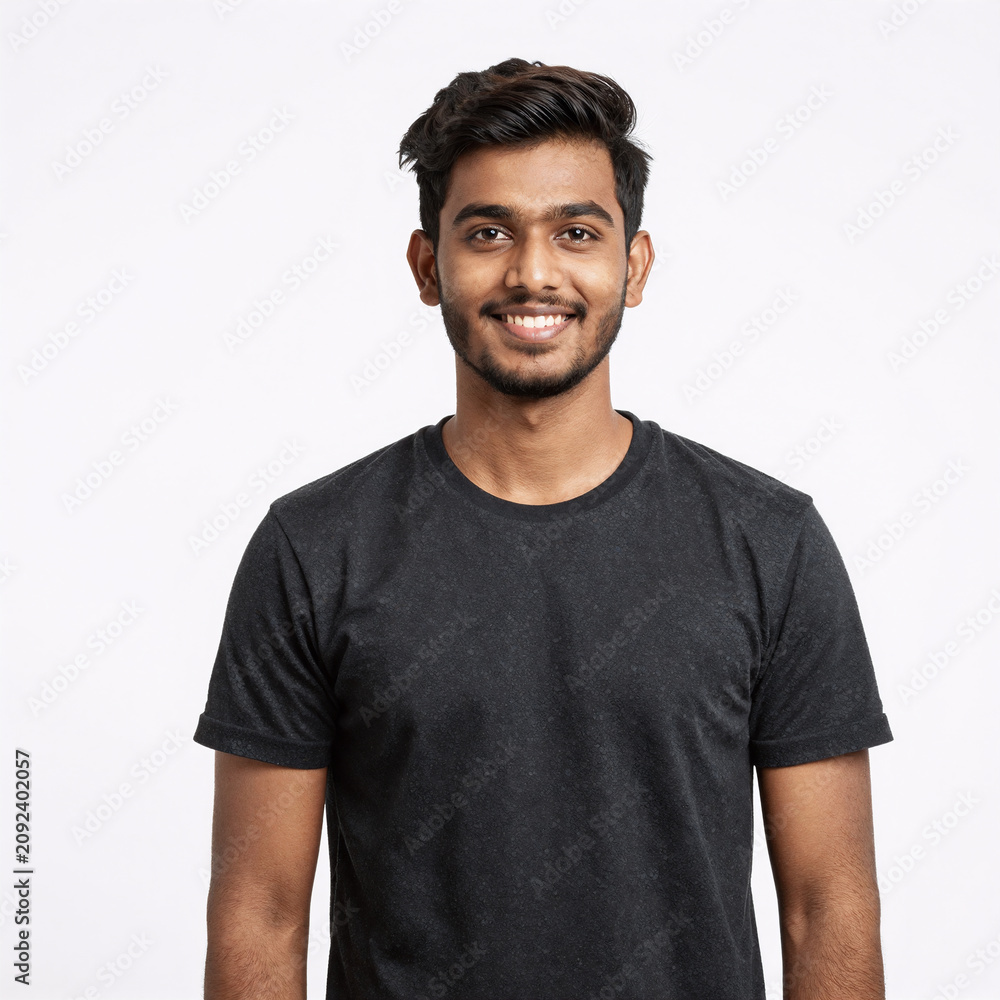 Obraz premium Vaporwave Indian Joy. A Young Indian Man With A Cool Smile Wears A T-Shirt On An Isolated White Background