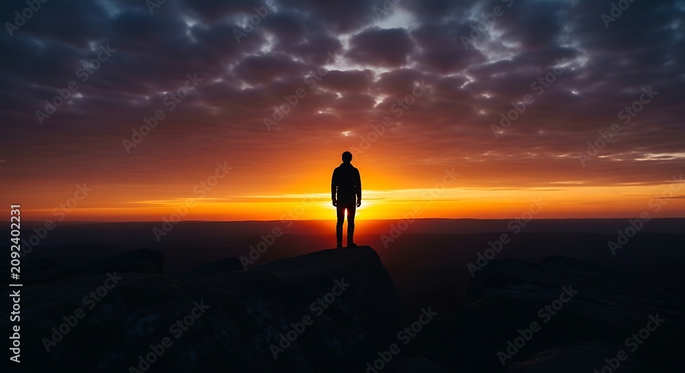 Fototapeta premium Solitary figure silhouetted against dramatic sunset sky.