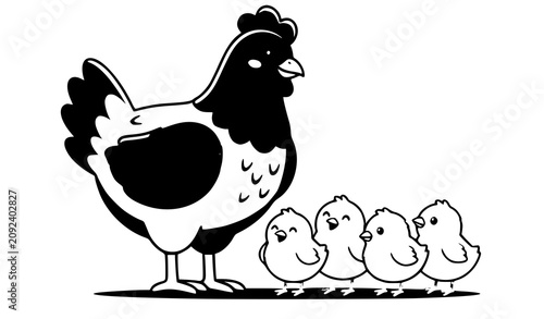 Obraz na płótnie Cute Mother Hen with Baby Chicks Vector Illustration Isolated on White Backgroun