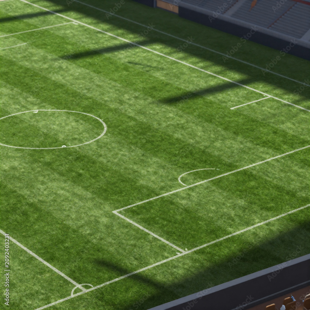 Obraz premium Isometric Stadium Healthy. Soccer Pitch Grass Close-Up With Stadium Lights Background