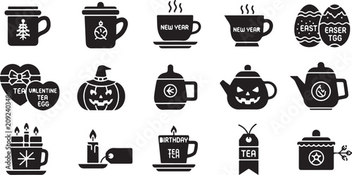 Vászonkép Black and white line collection of tea themed including holiday and special occa