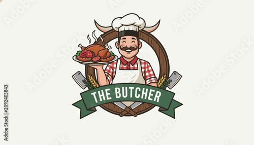 Retro mascot logo design for a butcher shop featuring a smiling butcher in a chef hat holding a tray of hot meats.