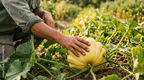 Hand Resting on Yellow Pattypan Squash in Garden