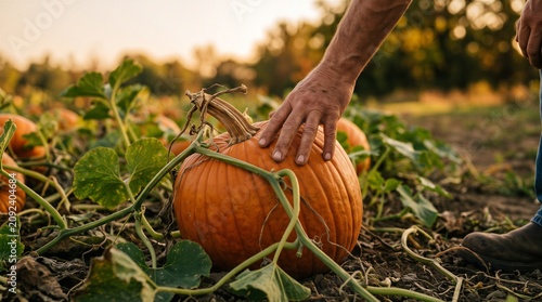 Hand Resting on Ripe Pumpkin in Autumn Field