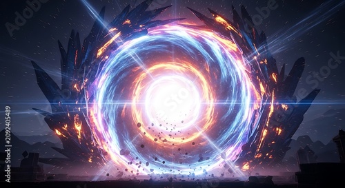 Swirling cosmic nebula with vibrant colors and energy.