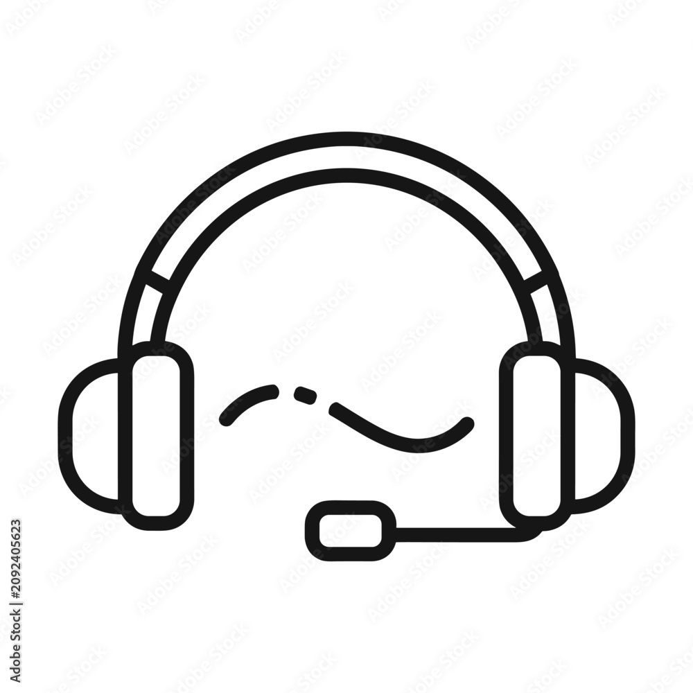 Fototapeta premium Minimalist black line art icon of customer support headset with microphone for call center and business communication services concept