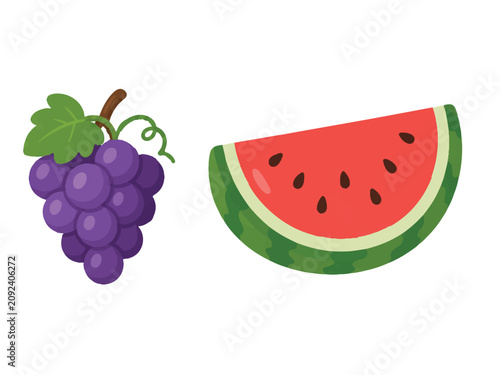 Flat Vector Illustration of Grapes and Watermelon Fruit Icons