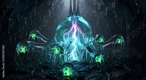 Mystical fantasy scene with glowing magical orb in dark forest.
