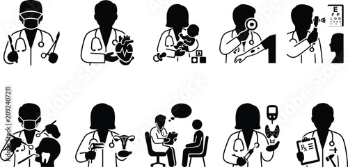 Photos Set of medical specialty icons featuring doctors with diagnostic equipment and p