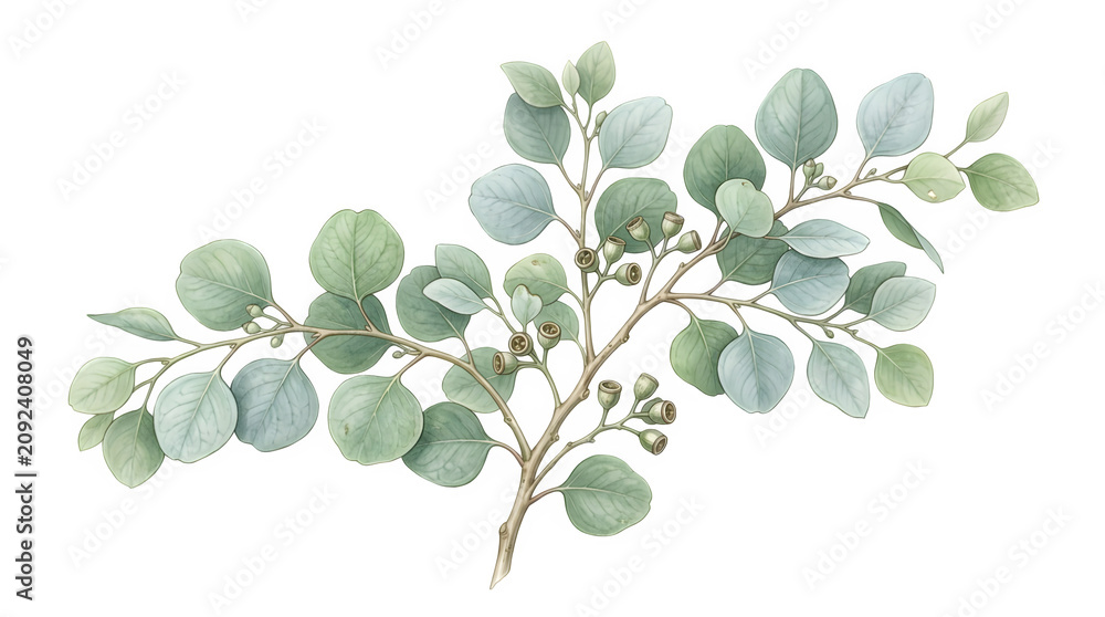 Obraz premium Beautiful green eucalyptus branch with leaves and seeds isolated on white background macro cutout