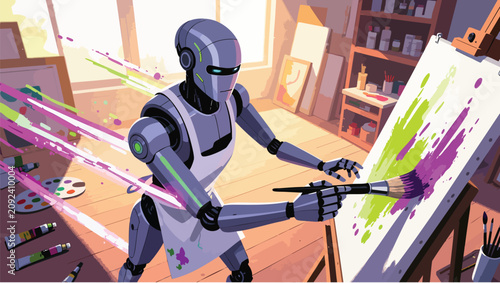 Pixel robot artist painting on a canvas with vibrant colors inside a sunny studio interior.