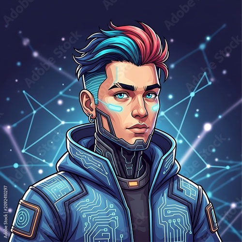 Cyberpunk style portrait of a man in futuristic attire.
