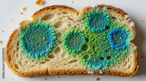 Slice of bread with vibrant green and blue mold. Fungal growth covers surface showing decay and spoilage. Unhealthy food substance, inedible and contaminated.