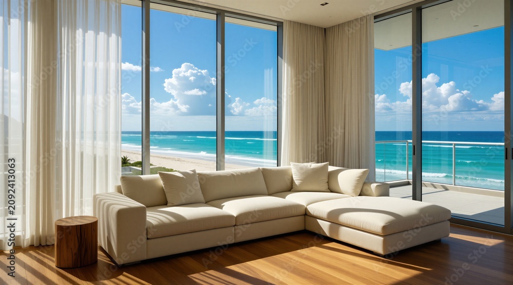Obraz premium Modern living room with white sectional couch features expansive ocean views through floor-to-ceiling windows. Sheer curtains frame the beach and blue sky, offering a tranquil, luxury home.