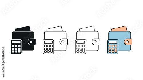 Financial document and calculator icon set linear style variations