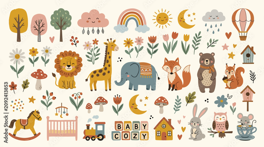 Fototapeta premium Cute Woodland Animal and Baby Nursery Elements Collection.