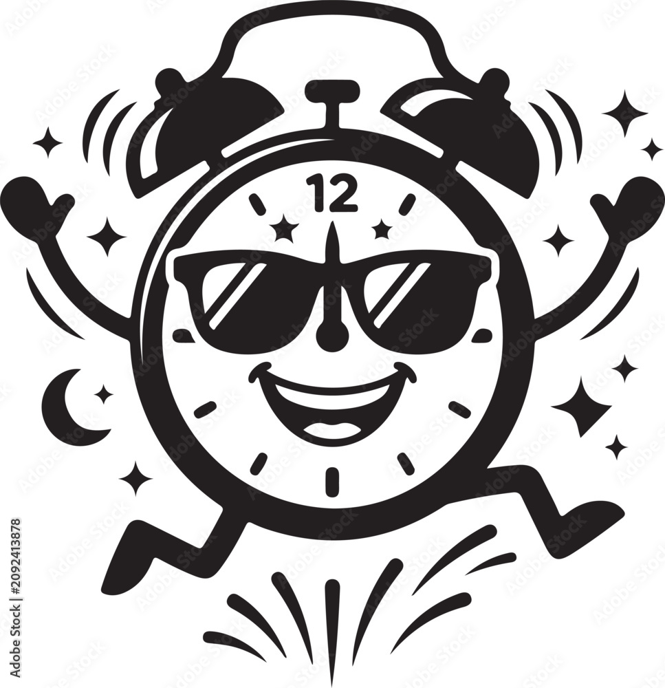 Fototapeta premium Cheerful alarm clock character with sunglasses and fireworks illustration