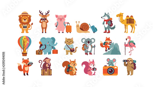 Canvas Print Cute traveling animals vector set featuring cartoon wildlife characters with sui