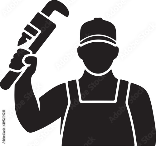 Plumber holding pipe wrench ready for repair work illustration