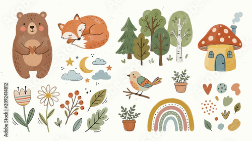 Cute woodland animal sticker set with forest elements and magical mushroom house.