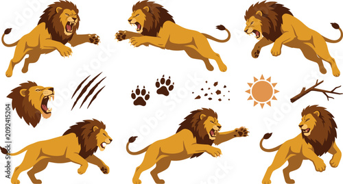Canvas Print Roaring African Lion Vector Illustration Set Featuring Angry Pouncing Jumping an