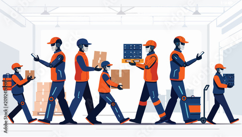Diverse group of delivery workers including adults and children carrying boxes and using mobile devices in a warehouse setting with cardboard.