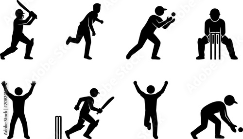 Photography Cricket Player Action Silhouette Icon Set