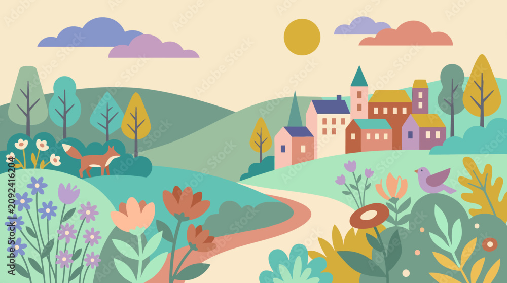 Obraz premium Flat illustration of a cozy village landscape with a cute fox and spring flowers.