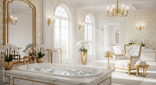 Elegant luxury bathroom with marble bathtub and chandelier.