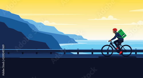 Photos Delivery man on bicycle riding along coastal road with ocean view