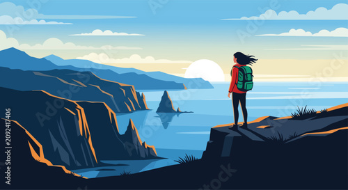 Принти на полотні Woman hiker standing on a cliff by the ocean admiring sunset and landscape