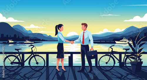 Photos Business people handshake by water with city skyline.