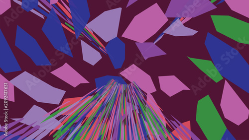 Fotografie Explosion of colorful jagged geometric shards in purple blue pink green shades emanating from a central point, abstract upward motion