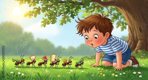 Young boy in striped shirt picking wildflowers in meadow.