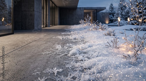 Modern home entrance decorated with snow and winter lights  